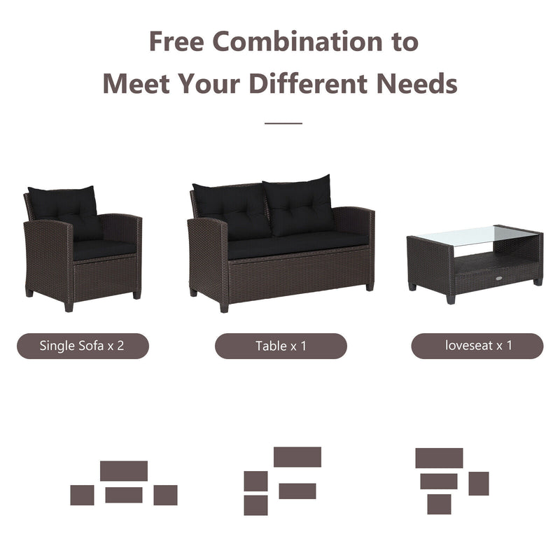 4 Pieces Patio Rattan Conversation Furniture Set with Glass Top Coffee Table-Black