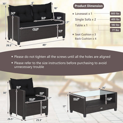 4 Pieces Patio Rattan Conversation Furniture Set with Glass Top Coffee Table-Black