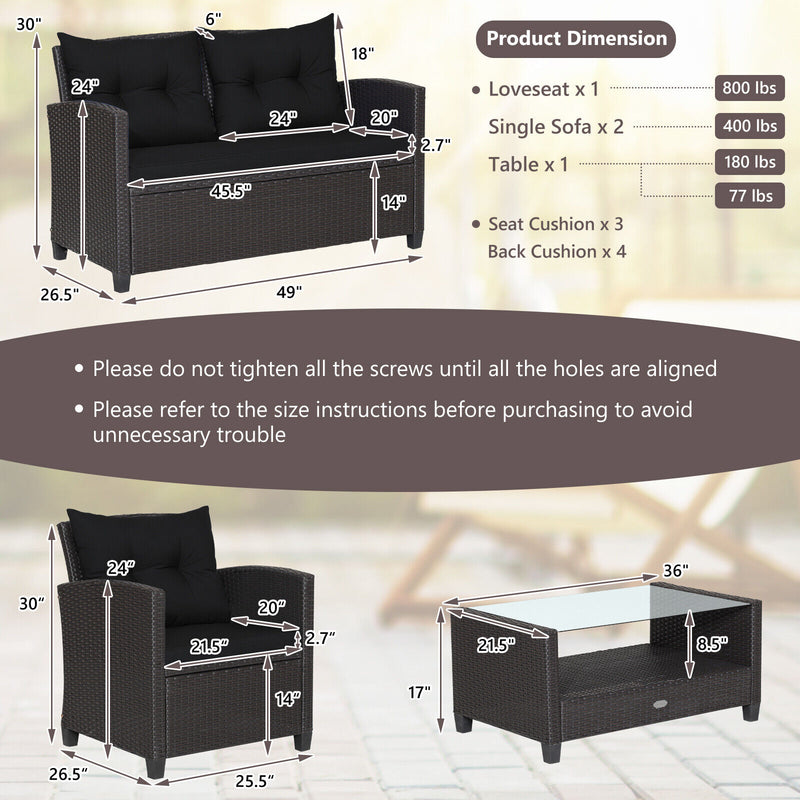 4 Pieces Patio Rattan Conversation Furniture Set with Glass Top Coffee Table-Black