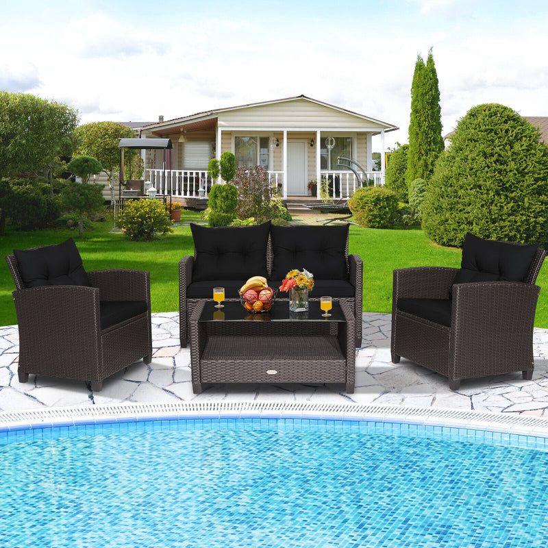 4 Pieces Patio Rattan Conversation Furniture Set with Glass Top Coffee Table-Black