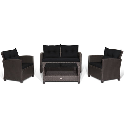 4 Pieces Patio Rattan Conversation Furniture Set with Glass Top Coffee Table-Black