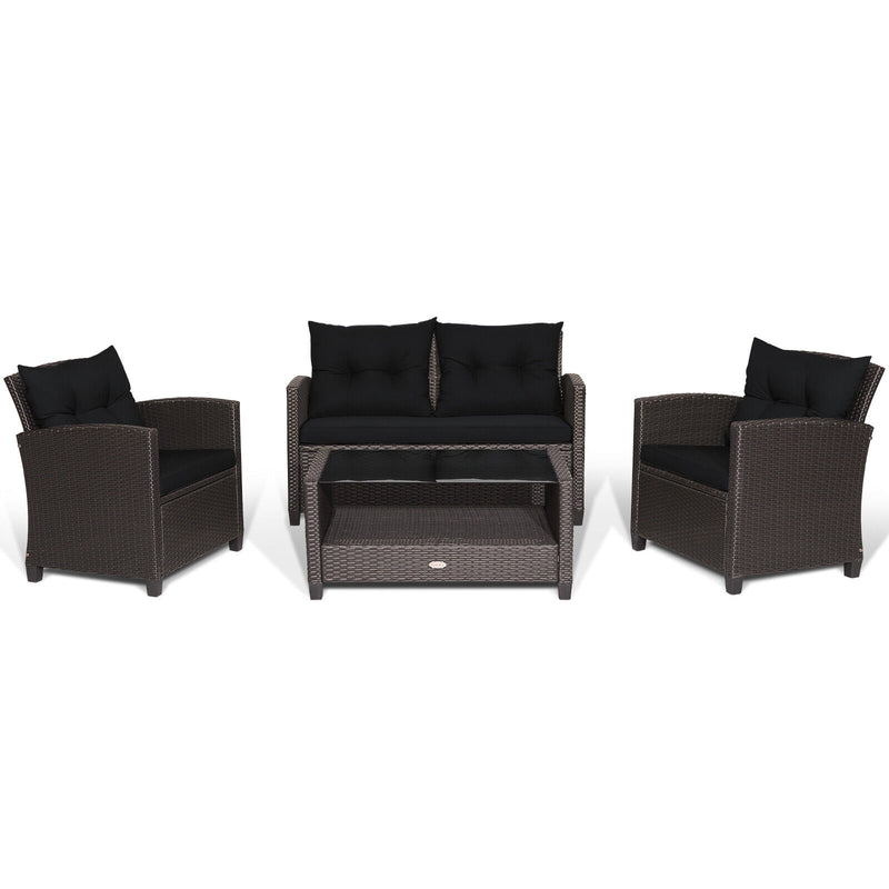 4 Pieces Patio Rattan Conversation Furniture Set with Glass Top Coffee Table-Black