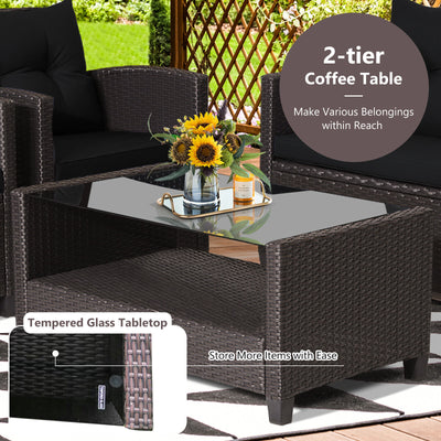 4 Pieces Patio Rattan Conversation Furniture Set with Glass Top Coffee Table-Black