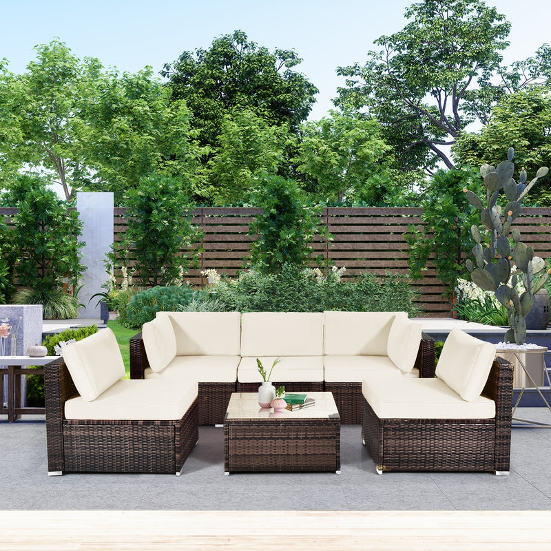 *6 Pieces Patio Rattan Furniture Set with Cushions - White