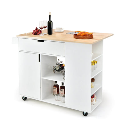 Drop-Leaf Kitchen Island with Rubber Wood Top-White