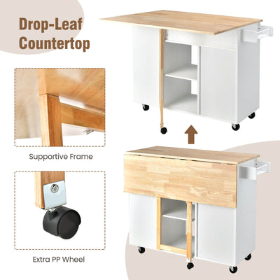 Drop-Leaf Kitchen Island with Rubber Wood Top-White