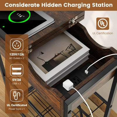 Side End Table with Charging Station Flip-Up Top for Living Room-Rustic Brown