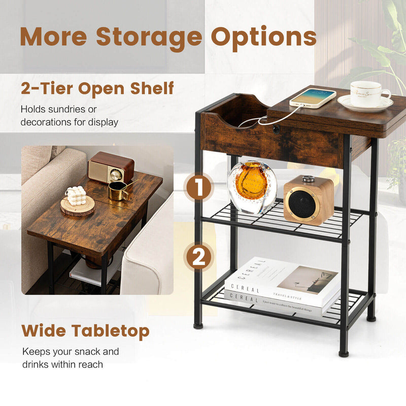 Side End Table with Charging Station Flip-Up Top for Living Room-Rustic Brown