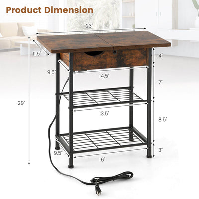 Side End Table with Charging Station Flip-Up Top for Living Room-Rustic Brown