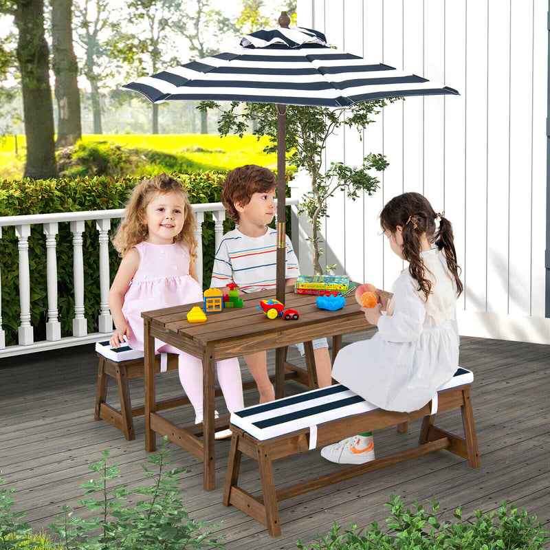 *Kids Picnic Table and Bench Set with Cushions and Height Adjustable Umbrella - Blue