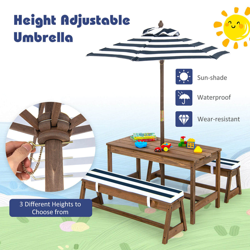 *Kids Picnic Table and Bench Set with Cushions and Height Adjustable Umbrella - Blue