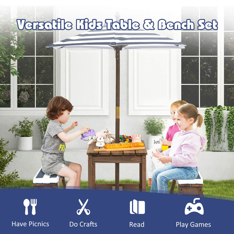 *Kids Picnic Table and Bench Set with Cushions and Height Adjustable Umbrella - Blue