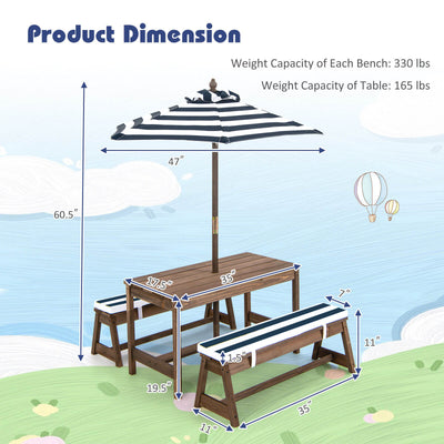 *Kids Picnic Table and Bench Set with Cushions and Height Adjustable Umbrella - Blue