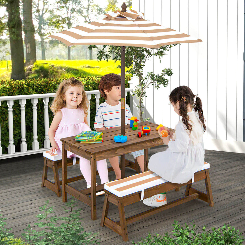 *Kids Picnic Table and Bench Set with Cushions and Height Adjustable Umbrella - Brown