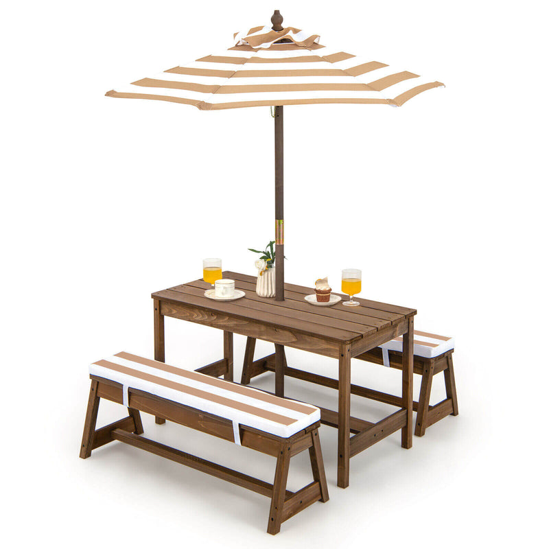 *Kids Picnic Table and Bench Set with Cushions and Height Adjustable Umbrella - Brown