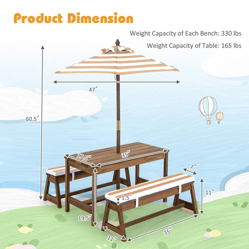 *Kids Picnic Table and Bench Set with Cushions and Height Adjustable Umbrella - Brown