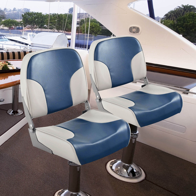 *2 Pieces Low Back Boat Seat Set with Sponge Padding and Aluminum Hinges - Blue