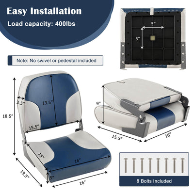 *2 Pieces Low Back Boat Seat Set with Sponge Padding and Aluminum Hinges - Blue