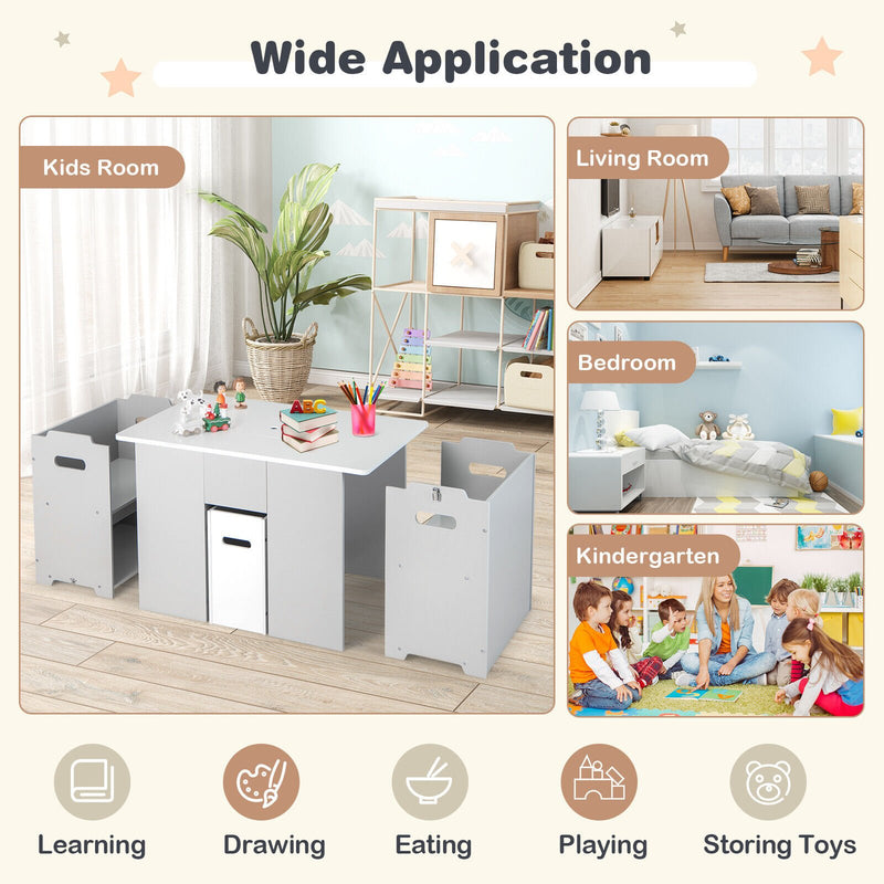 4-in-1 Kids Table and Chairs with Multiple Storage for Learning-Gray