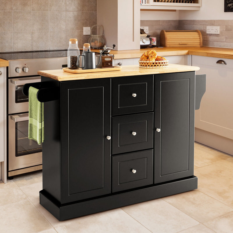 2-Door Large Mobile Kitchen Island Cart with Hidden Wheelsand 3 Drawers-Black