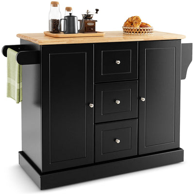 2-Door Large Mobile Kitchen Island Cart with Hidden Wheelsand 3 Drawers-Black