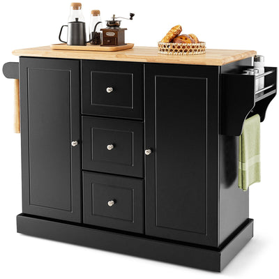 2-Door Large Mobile Kitchen Island Cart with Hidden Wheelsand 3 Drawers-Black