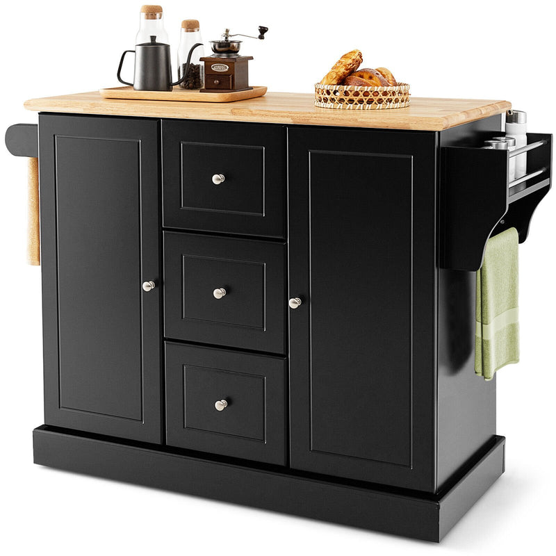 2-Door Large Mobile Kitchen Island Cart with Hidden Wheelsand 3 Drawers-Black