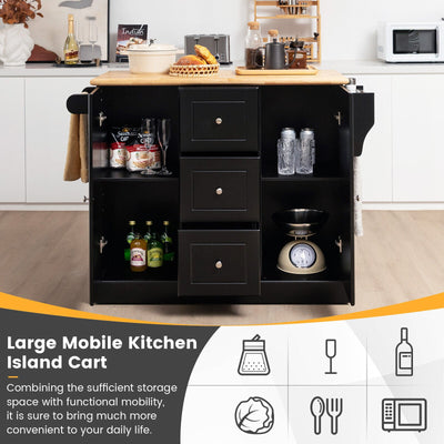 2-Door Large Mobile Kitchen Island Cart with Hidden Wheelsand 3 Drawers-Black