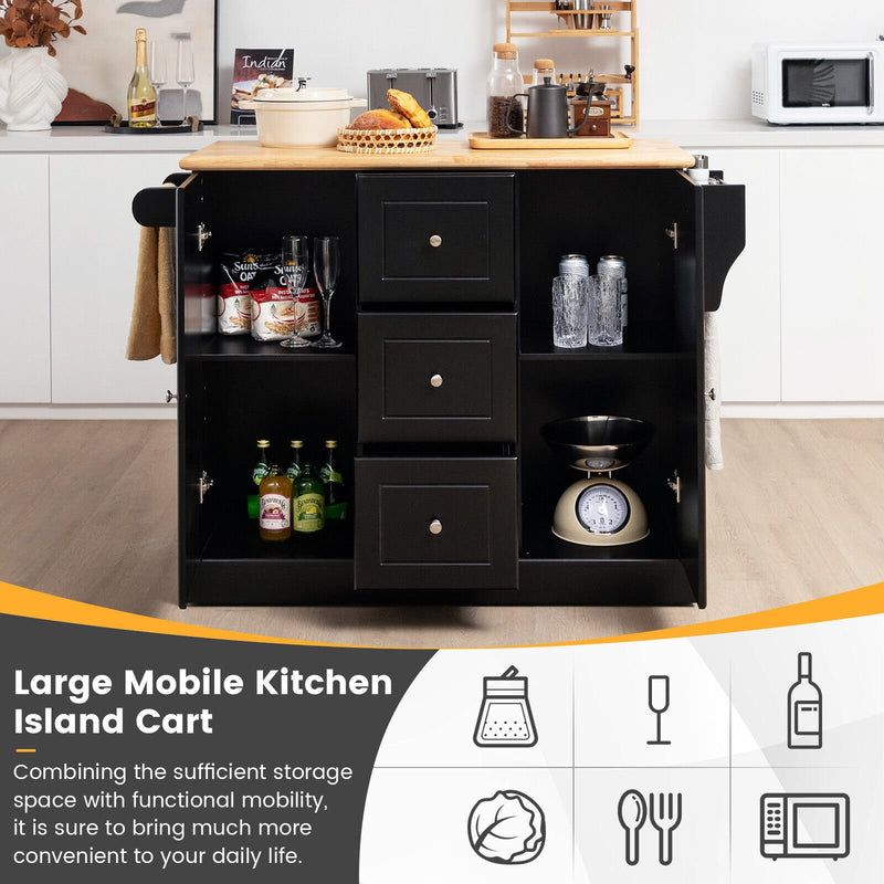 2-Door Large Mobile Kitchen Island Cart with Hidden Wheelsand 3 Drawers-Black