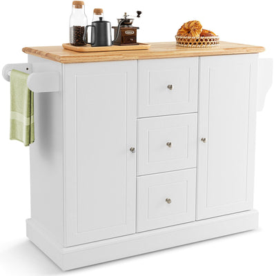 2-Door Large Mobile Kitchen Island Cart with Hidden Wheelsand 3 Drawers-White