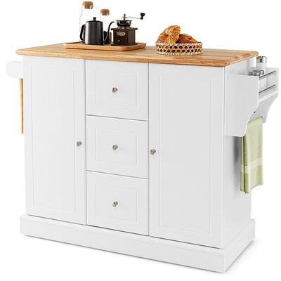 2-Door Large Mobile Kitchen Island Cart with Hidden Wheelsand 3 Drawers-White