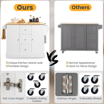 2-Door Large Mobile Kitchen Island Cart with Hidden Wheelsand 3 Drawers-White