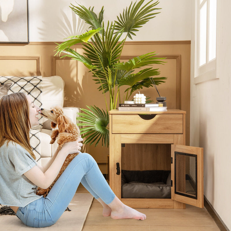 *Furniture Style Dog Kennel with Drawer and Removable Dog Bed - Natural