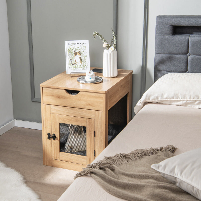 *Furniture Style Dog Kennel with Drawer and Removable Dog Bed - Natural