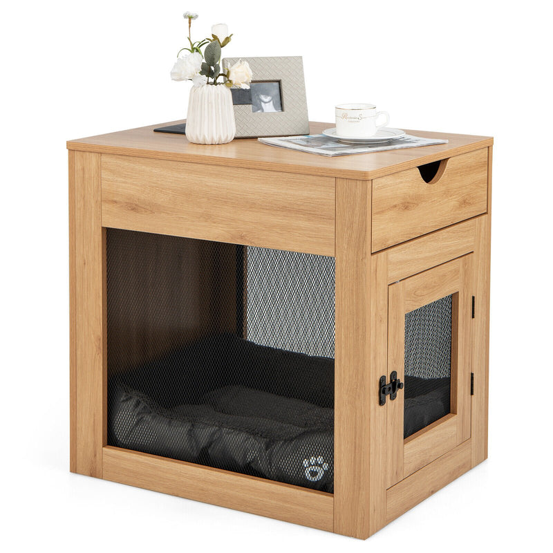 *Furniture Style Dog Kennel with Drawer and Removable Dog Bed - Natural