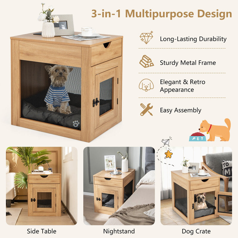 *Furniture Style Dog Kennel with Drawer and Removable Dog Bed - Natural