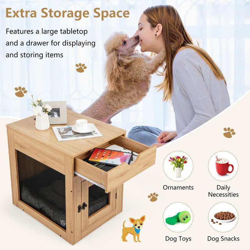 *Furniture Style Dog Kennel with Drawer and Removable Dog Bed - Natural