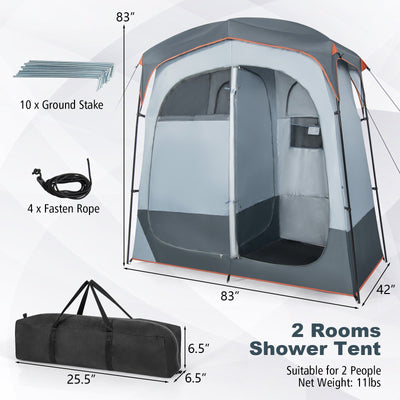 2 Rooms Oversize Privacy Shower Tent with Removable Rain Fly and Inside Pocket-Gray