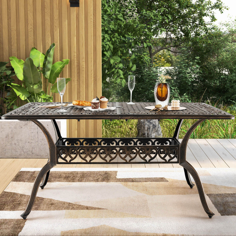 *59 Inch Aluminum Patio Dining Table with Umbrella Hole for 6 Persons - Bronze