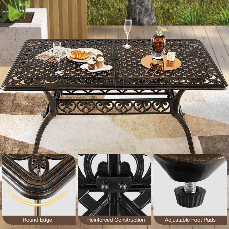*59 Inch Aluminum Patio Dining Table with Umbrella Hole for 6 Persons - Bronze
