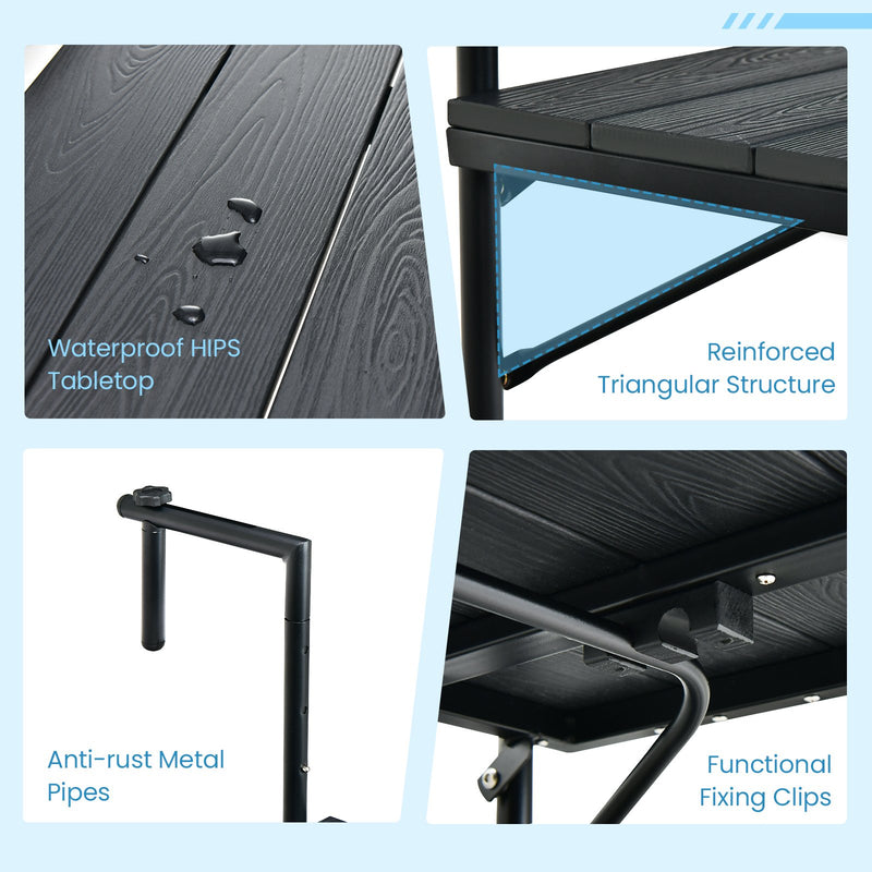 Folding Hanging Table with 3-Level Adjustable Height for Patio Balcony - Black