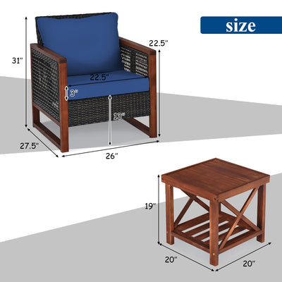 3 Pcs Patio Wicker Furniture Sofa Set with Wooden Frame and Cushion-Navy