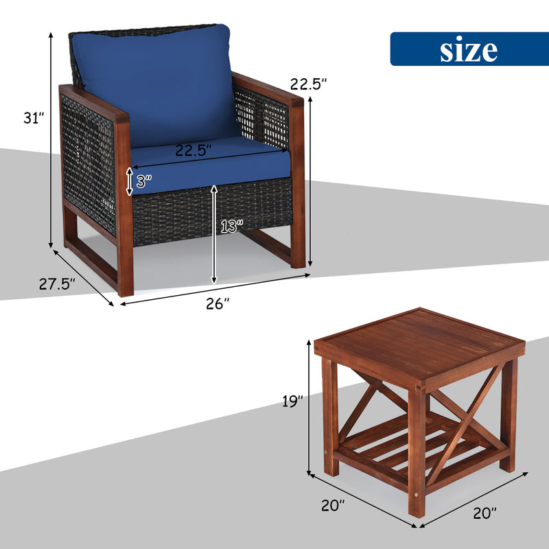 3 Pcs Patio Wicker Furniture Sofa Set with Wooden Frame and Cushion-Navy