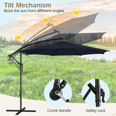 10 Feet Patio Offset Umbrella with 112 Solar-Powered LED Lights-Beige-Navy