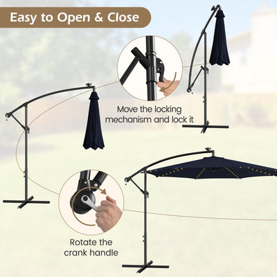 10 Feet Patio Offset Umbrella with 112 Solar-Powered LED Lights-Beige-Navy