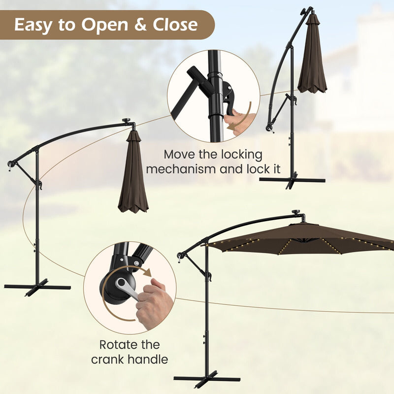 10 Feet Patio Offset Umbrella with 112 Solar-Powered LED Lights-Beige-Coffee