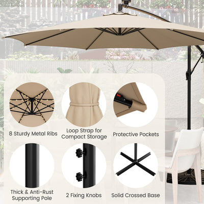 10 Feet Patio Offset Umbrella with 112 Solar-Powered LED Lights-Beige-Beige