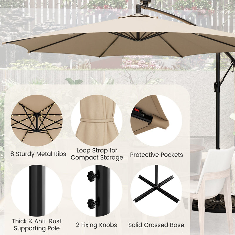 10 Feet Patio Offset Umbrella with 112 Solar-Powered LED Lights-Beige-Beige
