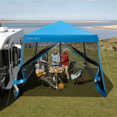 10 x 10 Feet Pop Up Canopy with with Mesh Sidewalls and Roller Bag-Blue