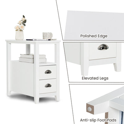 2 Pieces Wooden Bed-side Nightstand Set with 2 Drawers-White